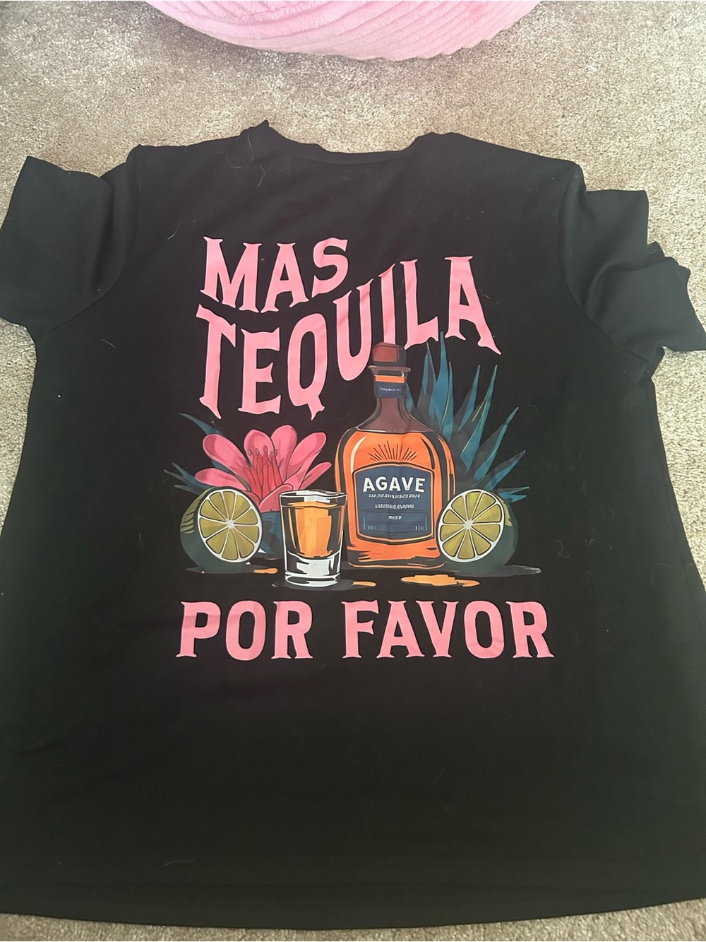 Mas Tequila Por Favor Graphic Tee - Black with Pink & Orange Print